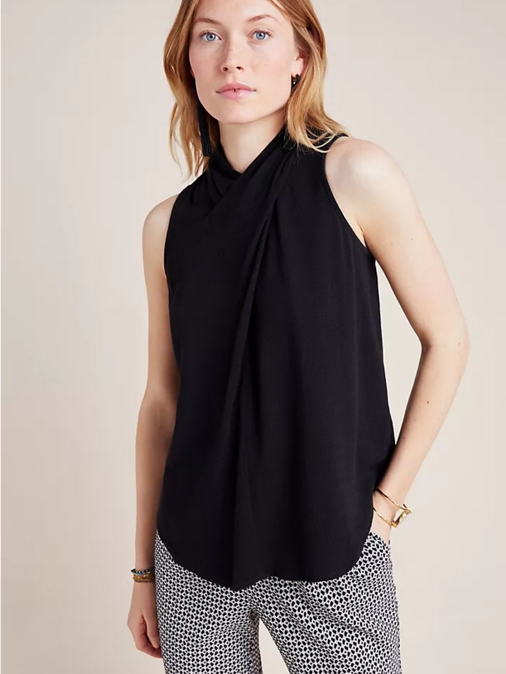 Anthropologie Mauve Raven Surplice Black Sleeveless Draped Twist-Neck Blouse